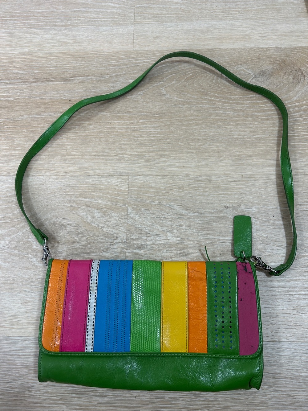 Rolfs Green Multicolor Stripe Leather Crossbody Bag